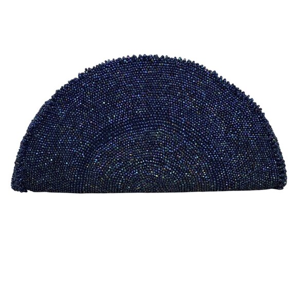 Handcrafted Beaded Navy Blue Half-Moon Clutch Purse With Zipper Closure Size M - Picture 1 of 8